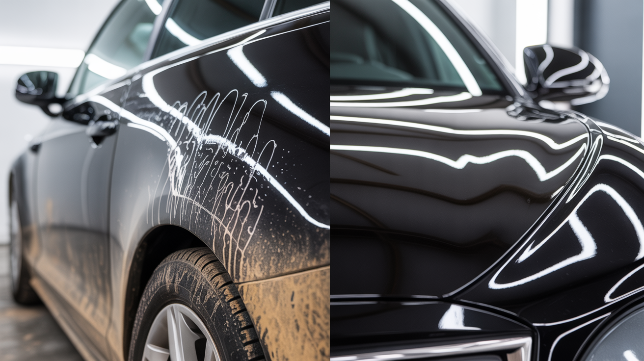 Before and after paint correction showing swirl mark removal on black car